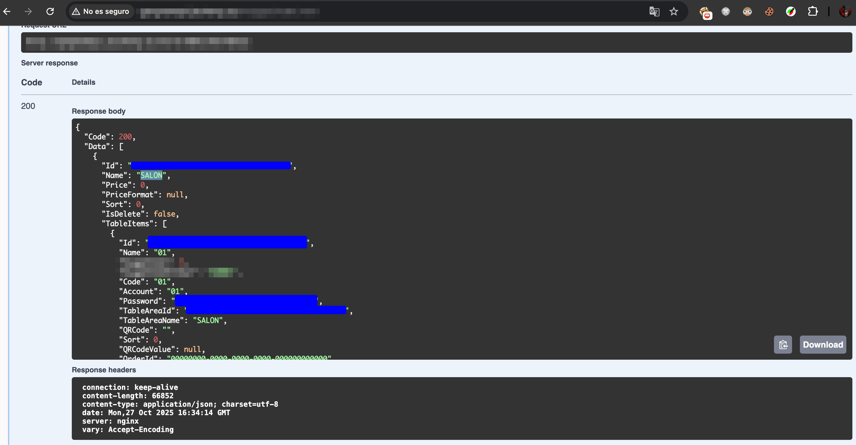 GetTables endpoint response